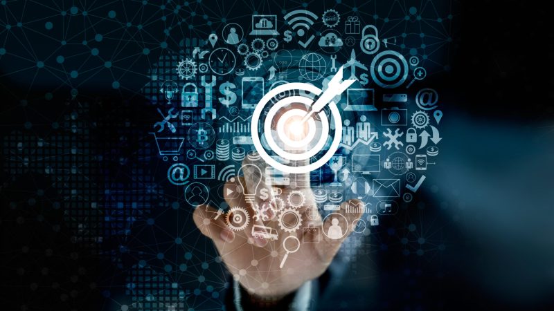 Digital,Marketing.,Businessman,Touching,Darts,Aiming,At,The,Target,Center